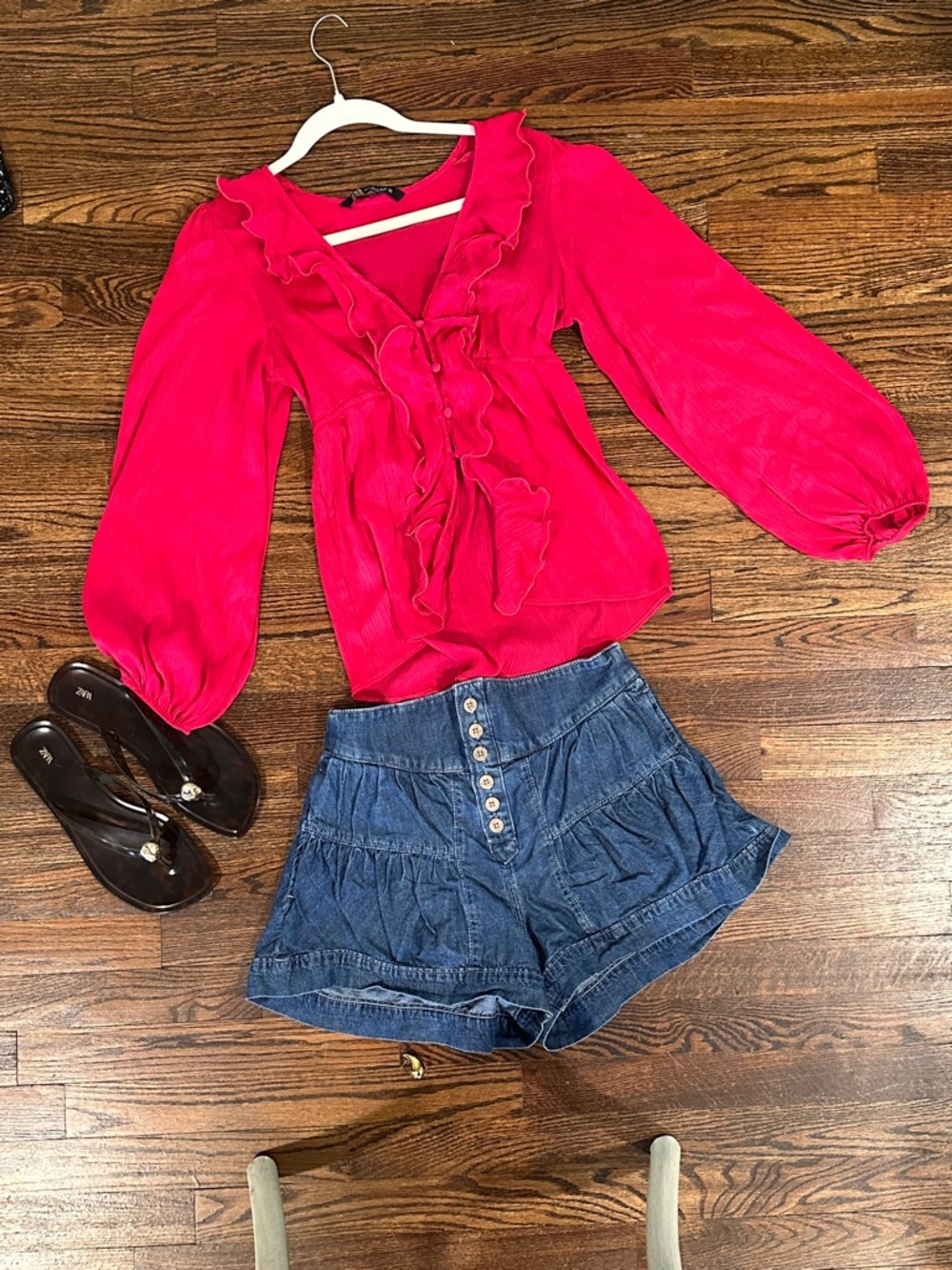 Zara Hot Pink Ruffle V-Neck Blouse With Buttons and Puff Sleeve